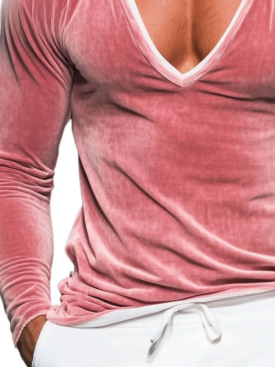 Men's V-Neck Velvet Long-Sleeved T-Shirt