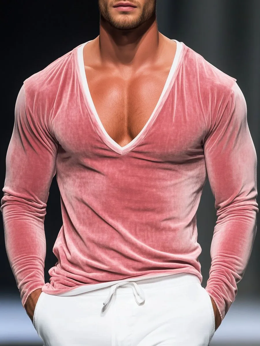 Men's V-Neck Velvet Long-Sleeved T-Shirt