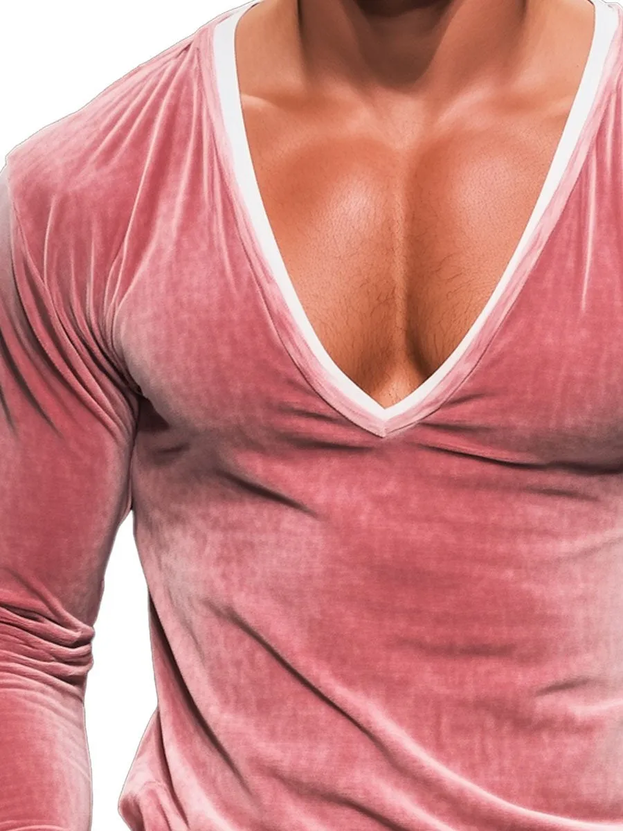Men's V-Neck Velvet Long-Sleeved T-Shirt
