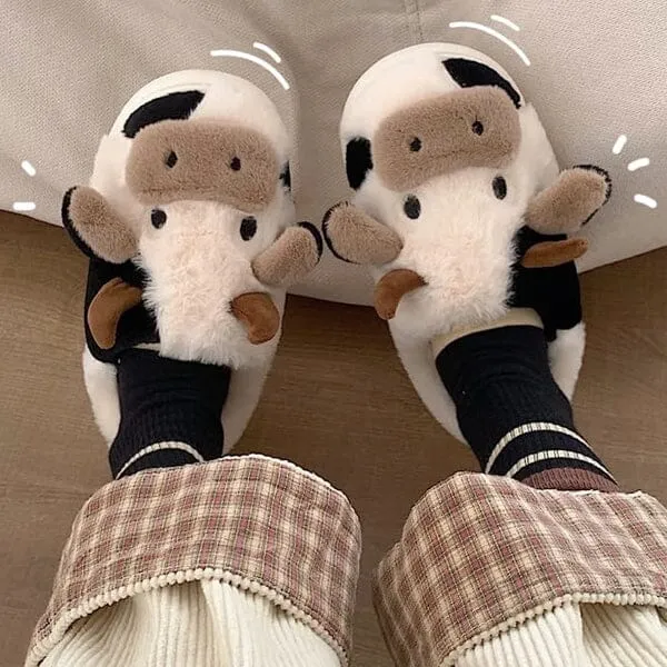 NEW Showcase Cartoon Cow Plush Slippers | As Seen On Social - XL (9.5-10.5 Women/9-10 Men)