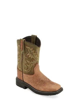 Old West Olive/Tan Children Boys Leather Cowboy Boots 9D
