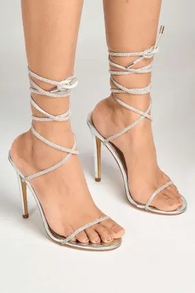 Sammy Diamante Embellished Lace-up Heels in Silver