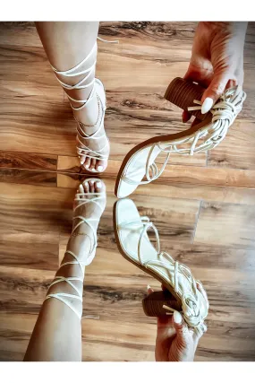 Saylana Natural Bone Ankle Wrap Chunky Heels