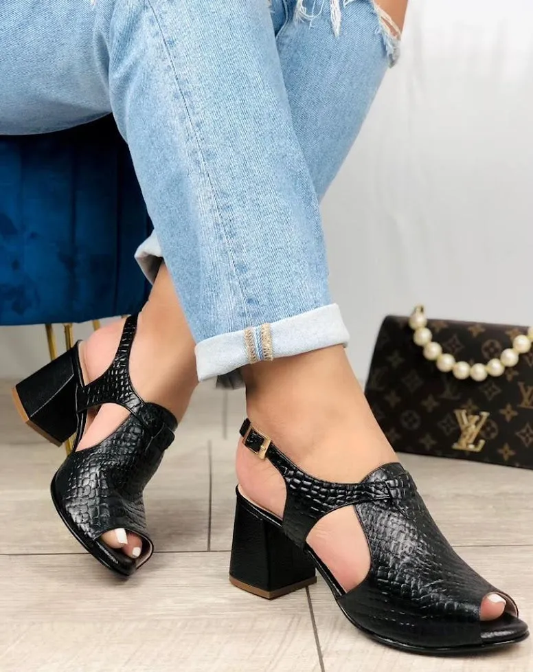 Stamped Elegance Black Medium Heels