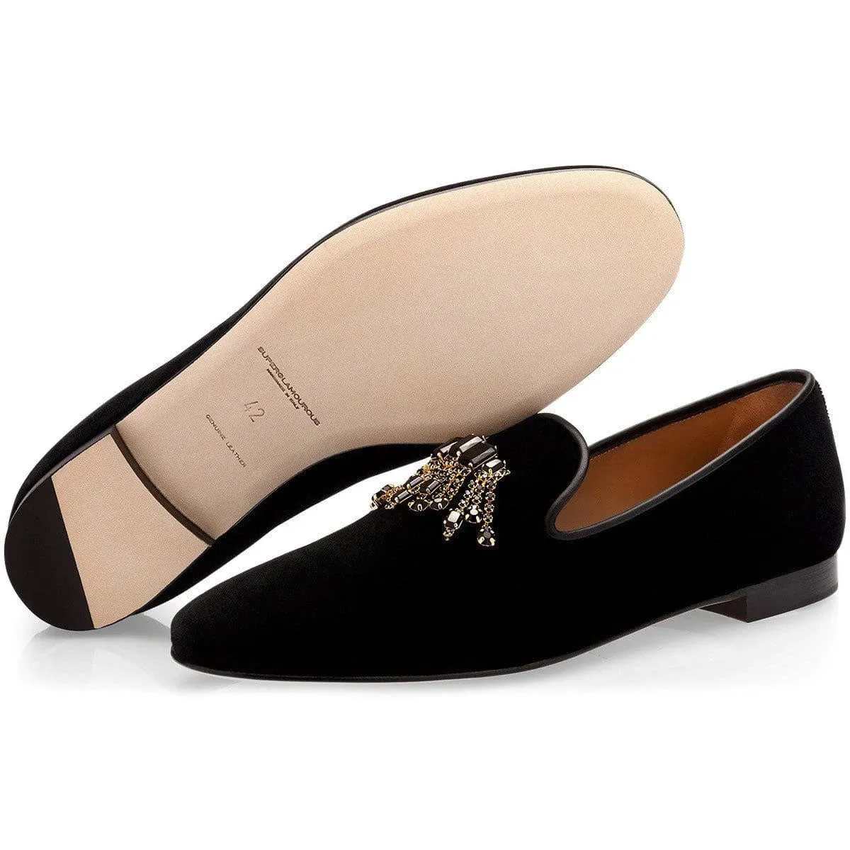 SUPERGLAMOUROUS Gilles Men's Shoes Black Velour Velvet Slipper Loafers (SPGM1034)