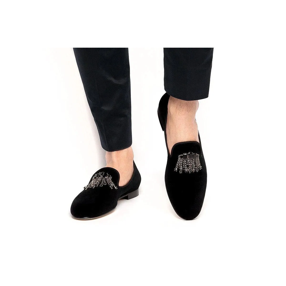 SUPERGLAMOUROUS Gilles Men's Shoes Black Velour Velvet Slipper Loafers (SPGM1034)