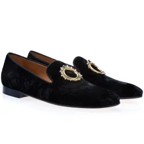 SUPERGLAMOUROUS Lacruz Mastrop Men's Shoes Black Distressed Velvet Slipper Loafers (SPGM1037)