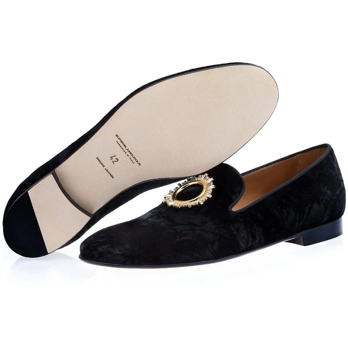 SUPERGLAMOUROUS Lacruz Mastrop Men's Shoes Black Distressed Velvet Slipper Loafers (SPGM1037)