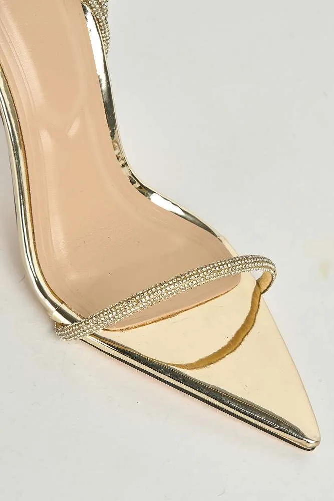 Vela Pointy Toe 3 Diamante Strap Heeled Sandals in Gold