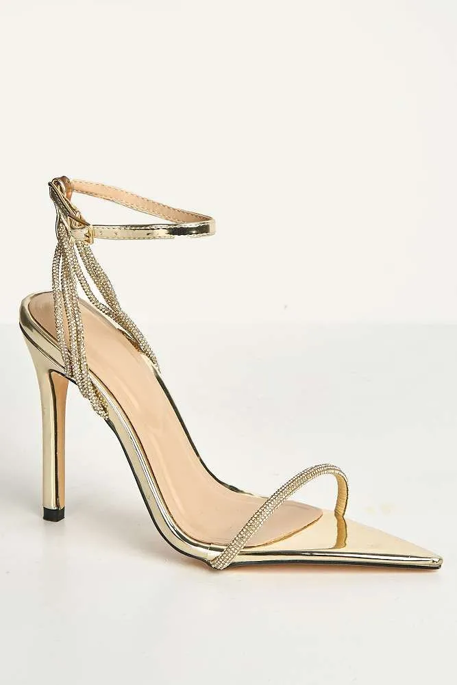 Vela Pointy Toe 3 Diamante Strap Heeled Sandals in Gold