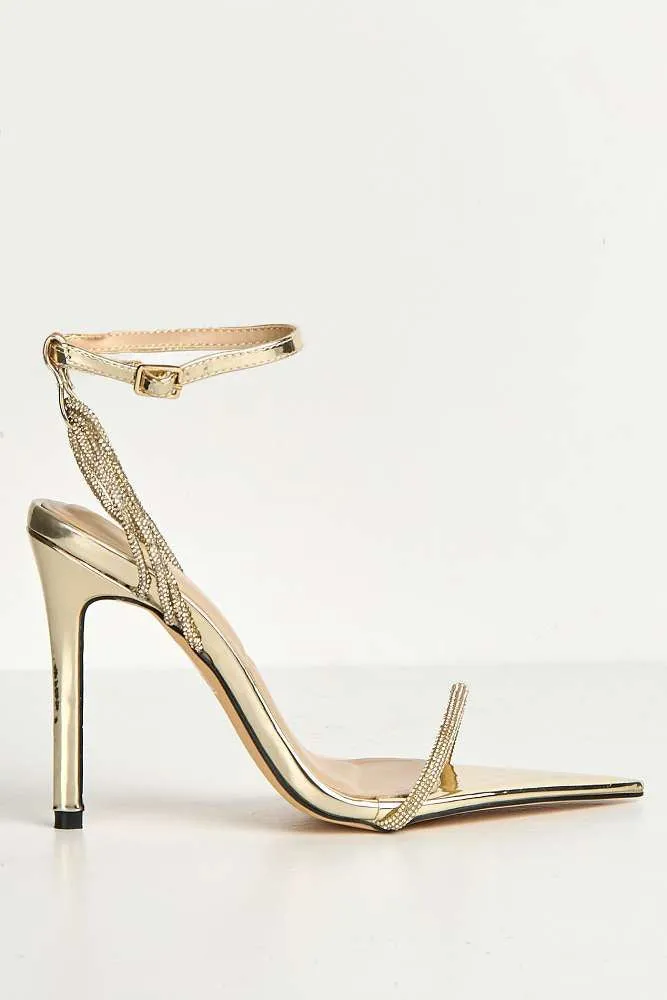 Vela Pointy Toe 3 Diamante Strap Heeled Sandals in Gold